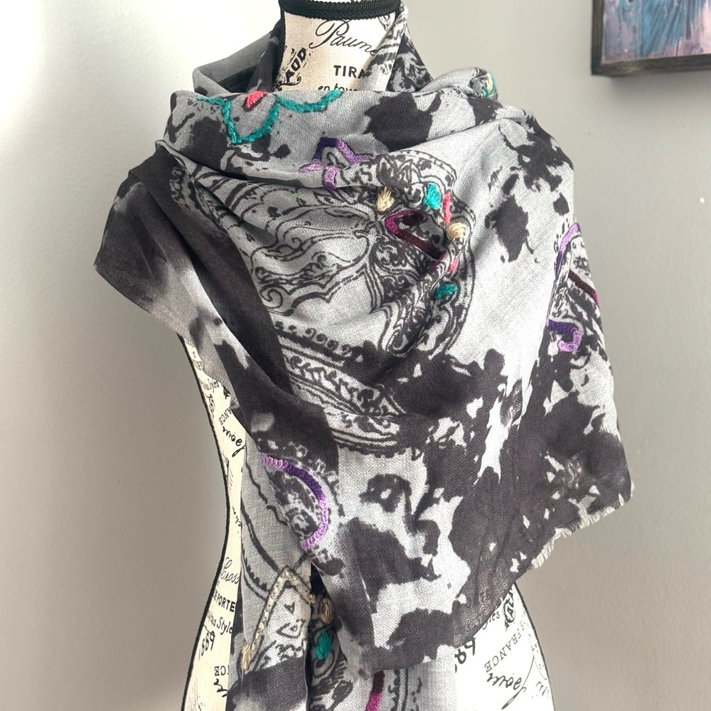 Silk and Wool Paisley Embroidered Scarf